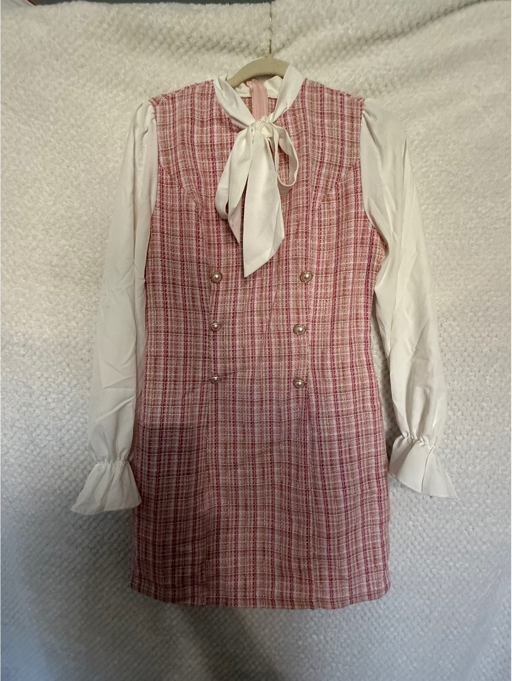 Shein Pink Tweed Dress with White Tie Neck Blouse Detail
